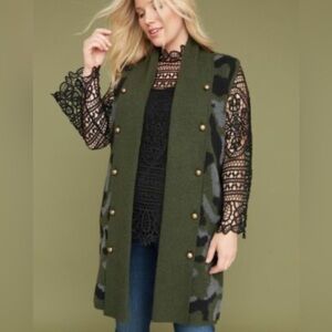 Lane Bryant Olive Green Camo Knit Long Vest